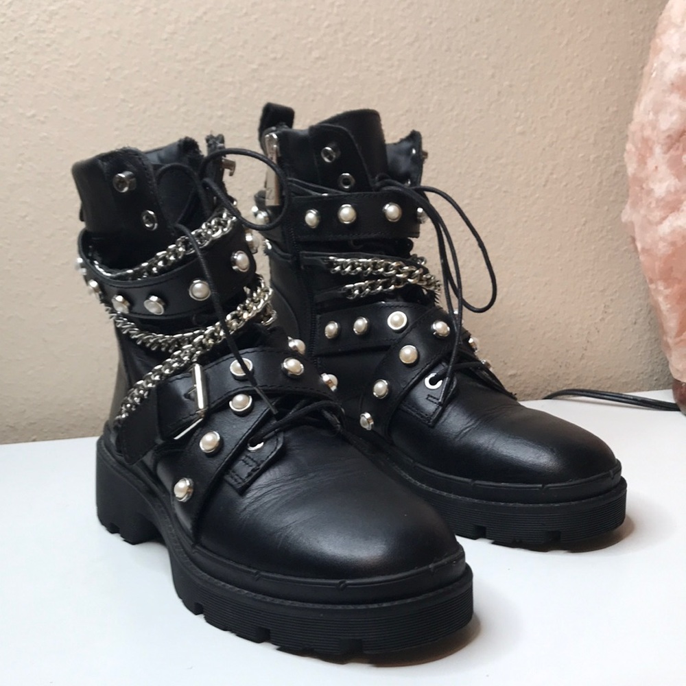Zara Black Studded Combat Boots with Silver Chains